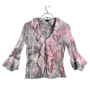 Piano Shirt Pink Gray Tie Dye Ruffle‎ Blouse Metallic3/4 Sleeve Top Size Medium